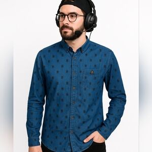 UBI Workshop Men’s Denim Button-Down Shirt – Skull Print – Size Medium